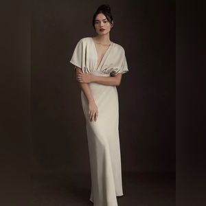 BHLDN Leila Deep-V Flutter-Sleeve Satin A-Line Gown